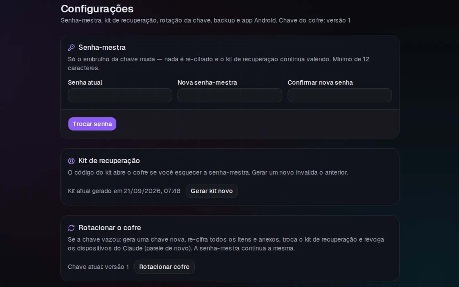 Senha-mestra, kit de recuperação e rotação da chave
