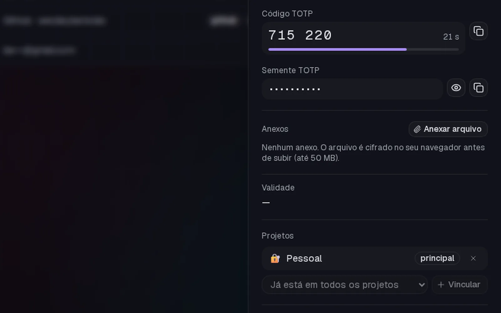 Código de dois fatores (TOTP) gerado no cofre