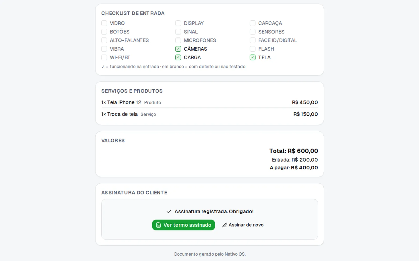 OS online assinada pelo cliente, com checklist e valores