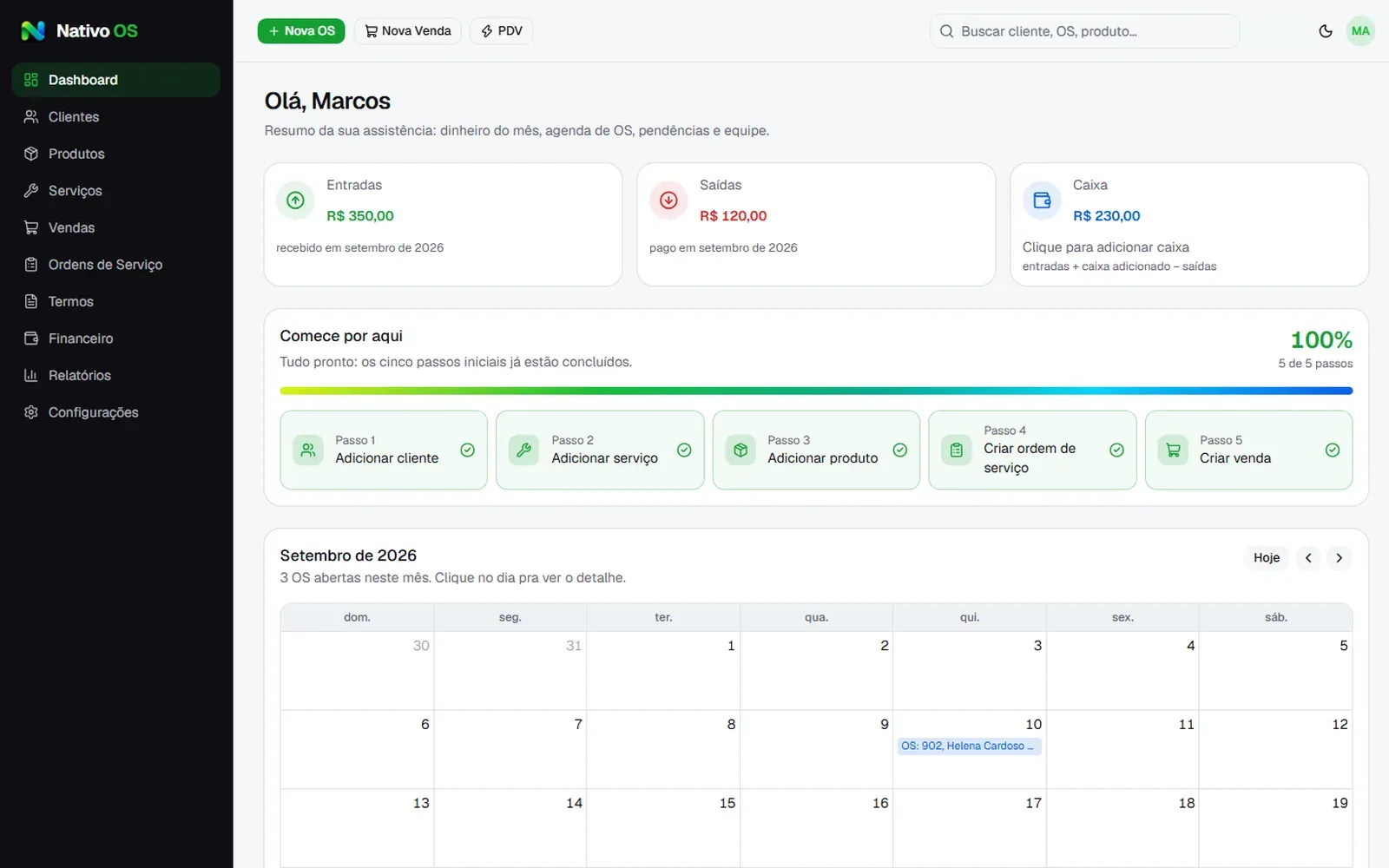 Painel com o caixa do mês e a agenda de ordens de serviço