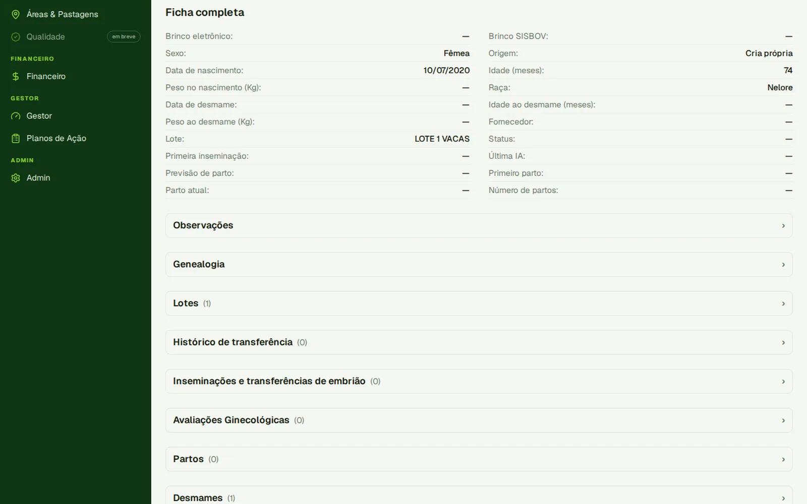 Ficha completa do animal com histórico de lotes, partos e desmames