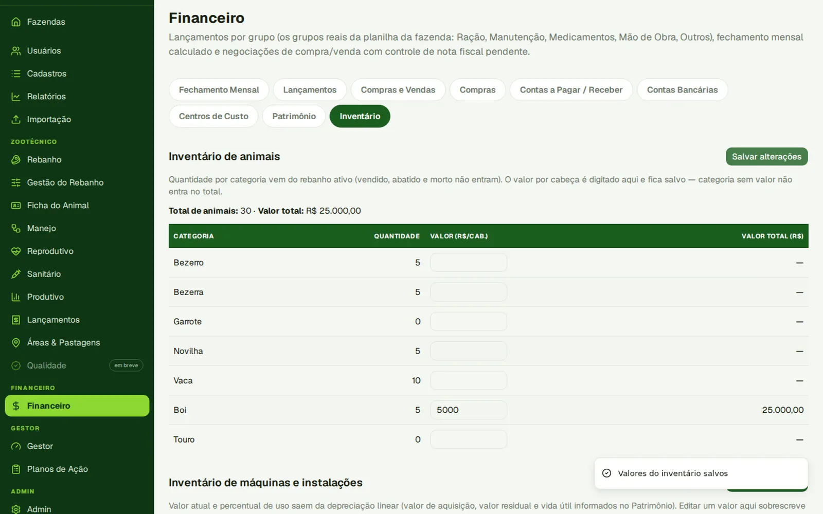 Inventário do rebanho com valor por categoria no financeiro