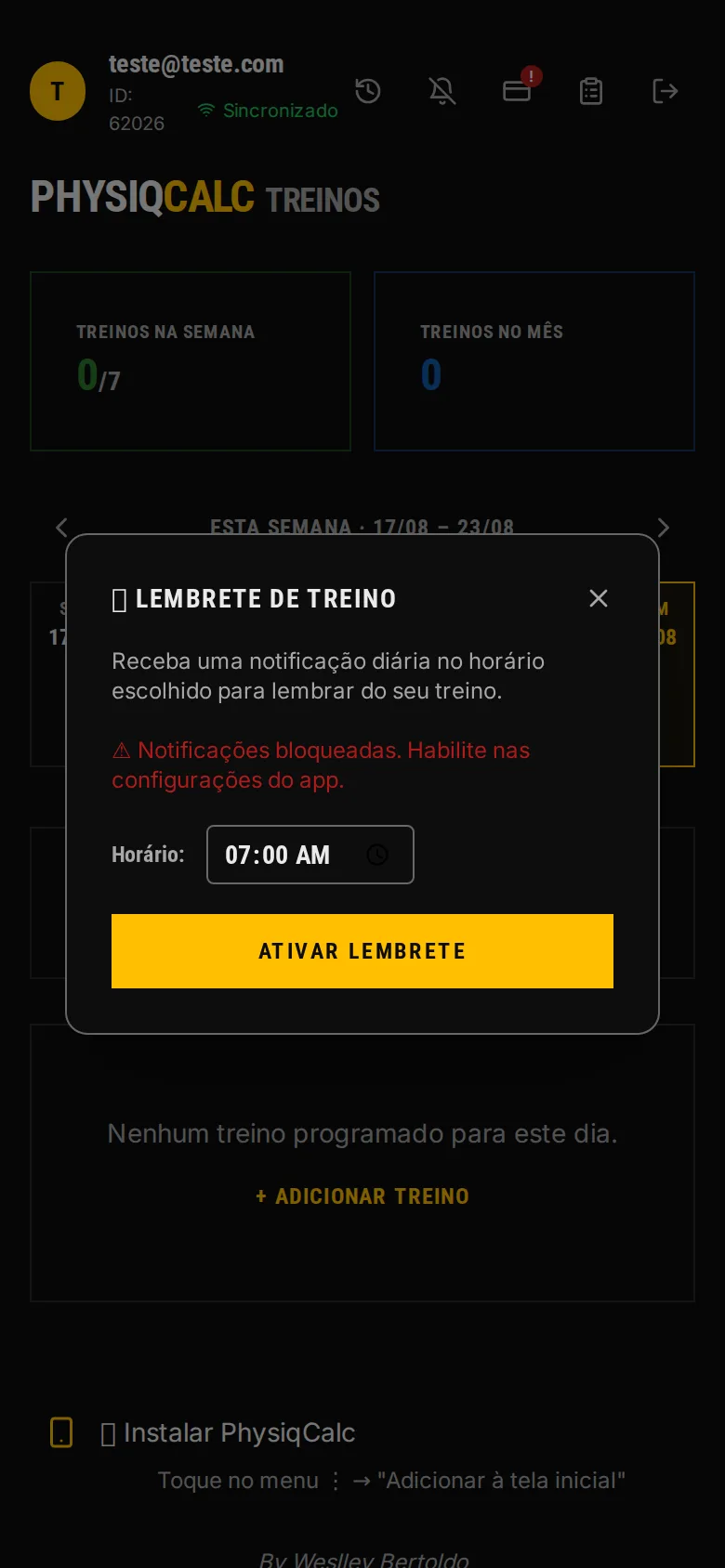 Lembrete de treino configurável