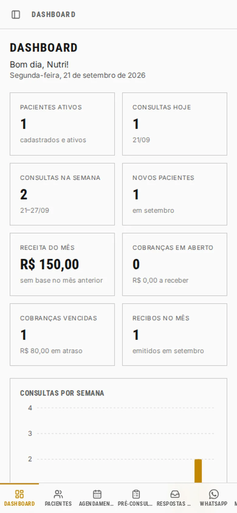 Dashboard da nutricionista no celular