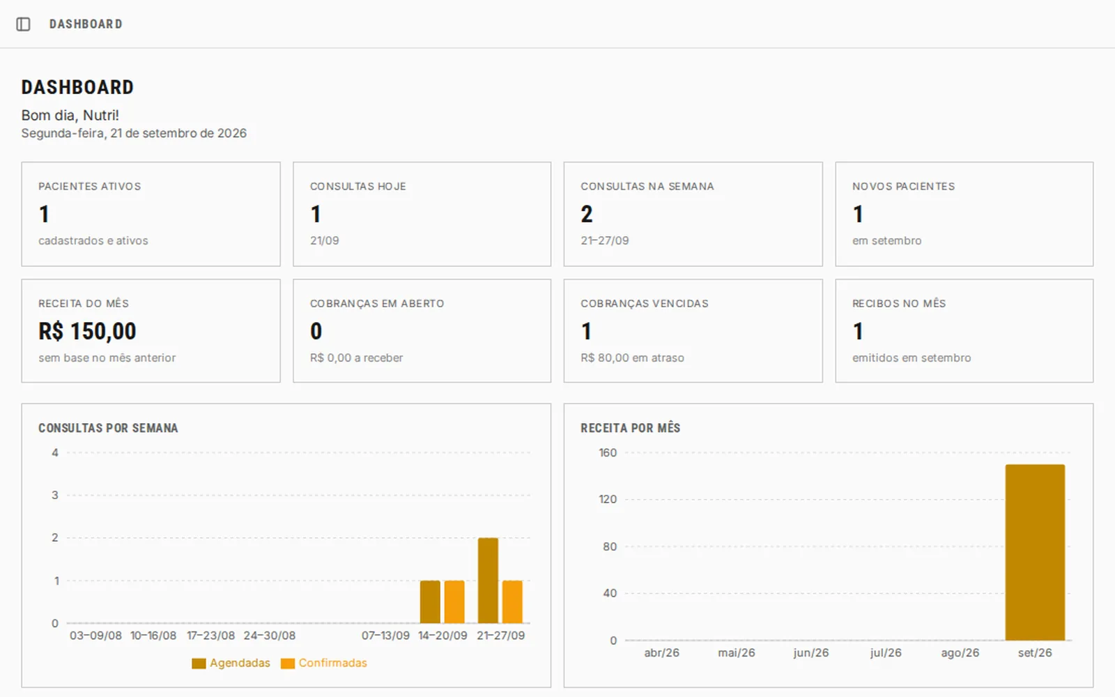 Dashboard da nutricionista com consultas, receitas e cobranças