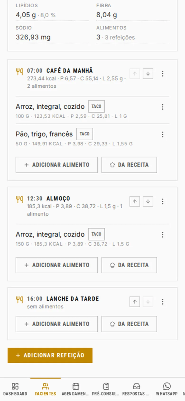 Plano alimentar montado pelo celular